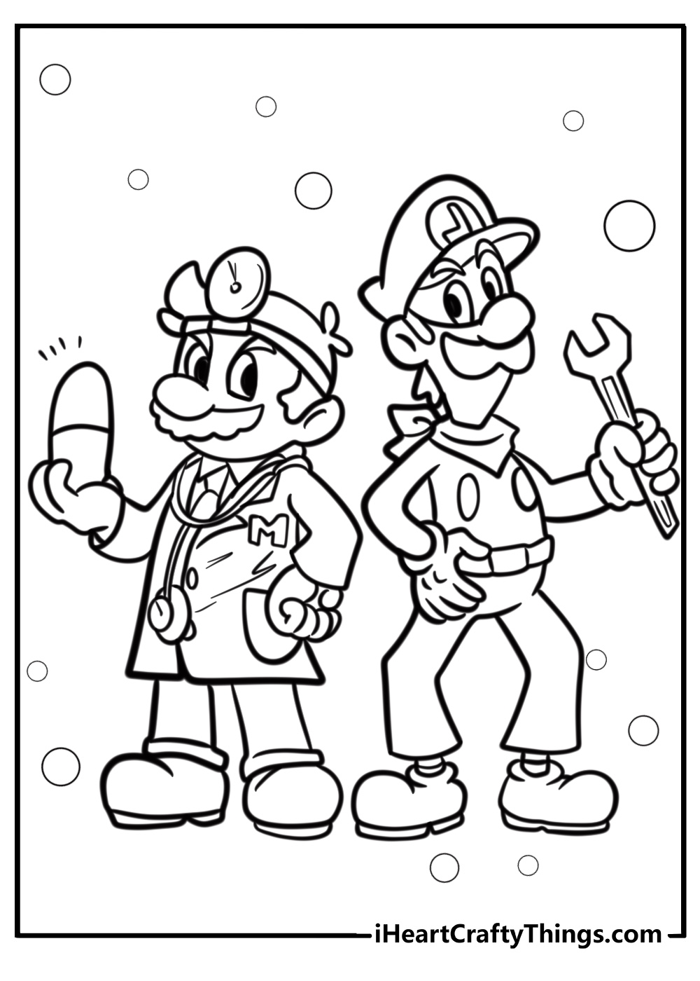 Luigi standing next to mario free printable coloring page