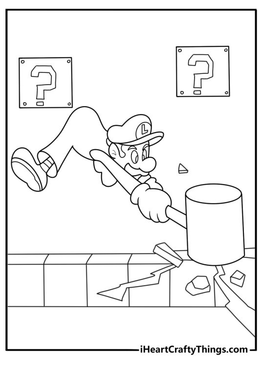 luigi using a hammer to smash a brick detailed coloring page