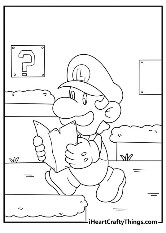 luigi with a map exploring a maze simple coloring page pdf