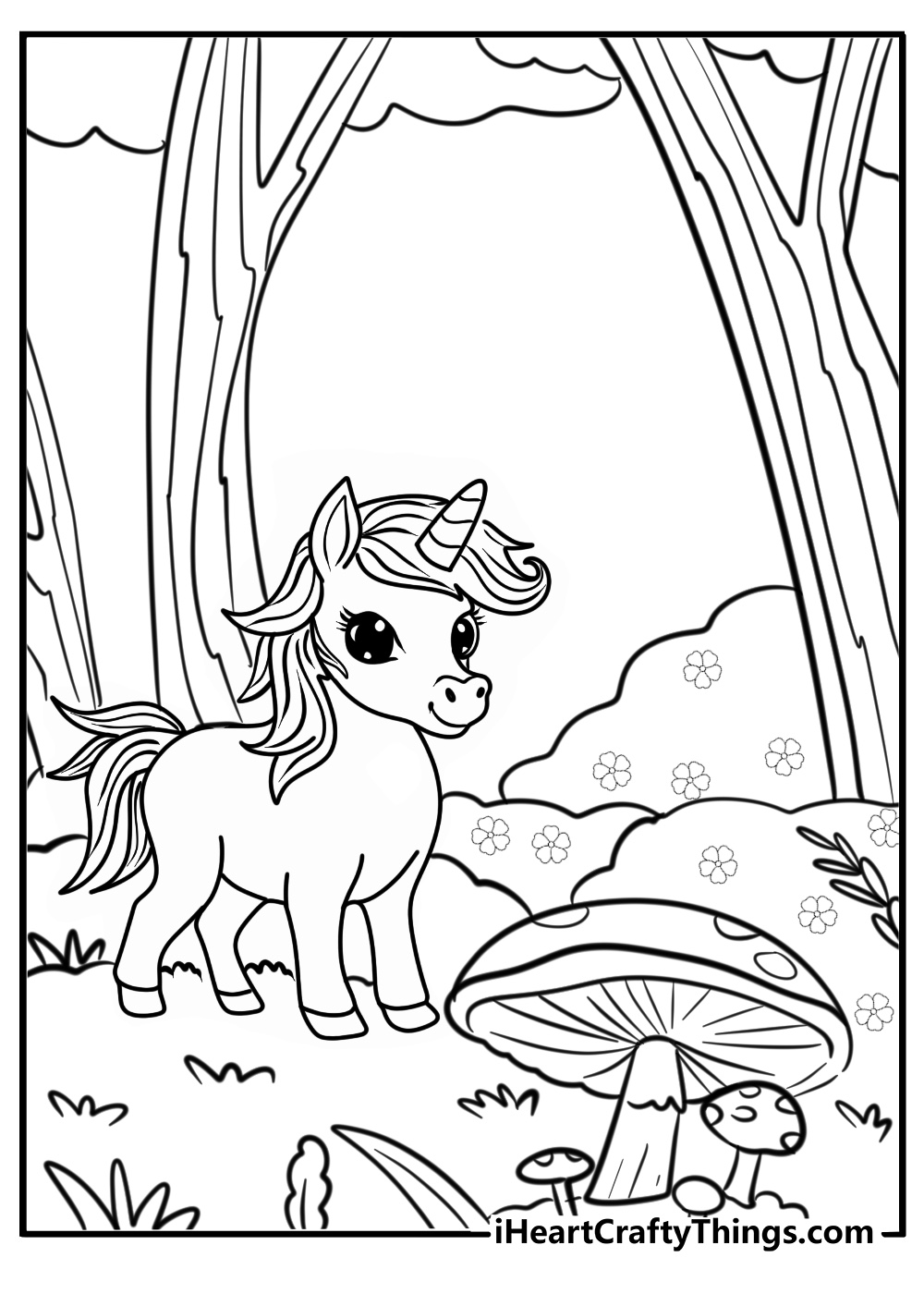 Magical alicorn in an enchanted forest free printable page