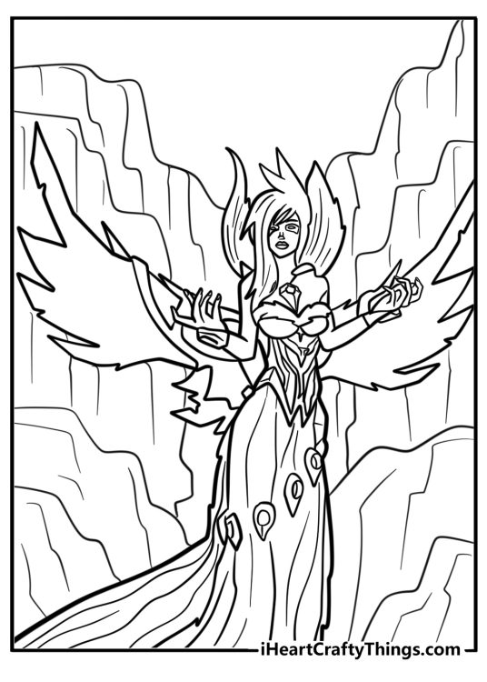 Morgana with dark wings in a free detailed coloring page for fans