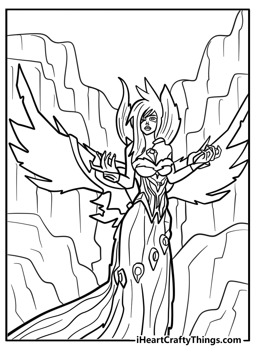 Morgana with dark wings in a free detailed coloring page for fans