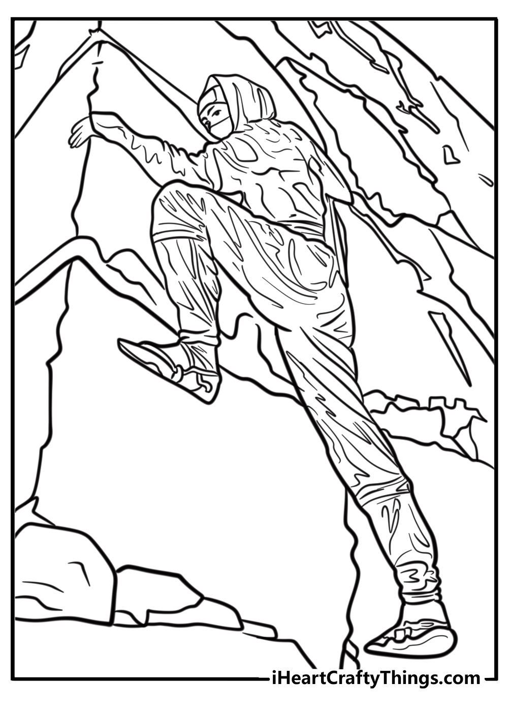 Ninja climbing a wall fun printable coloring sheet