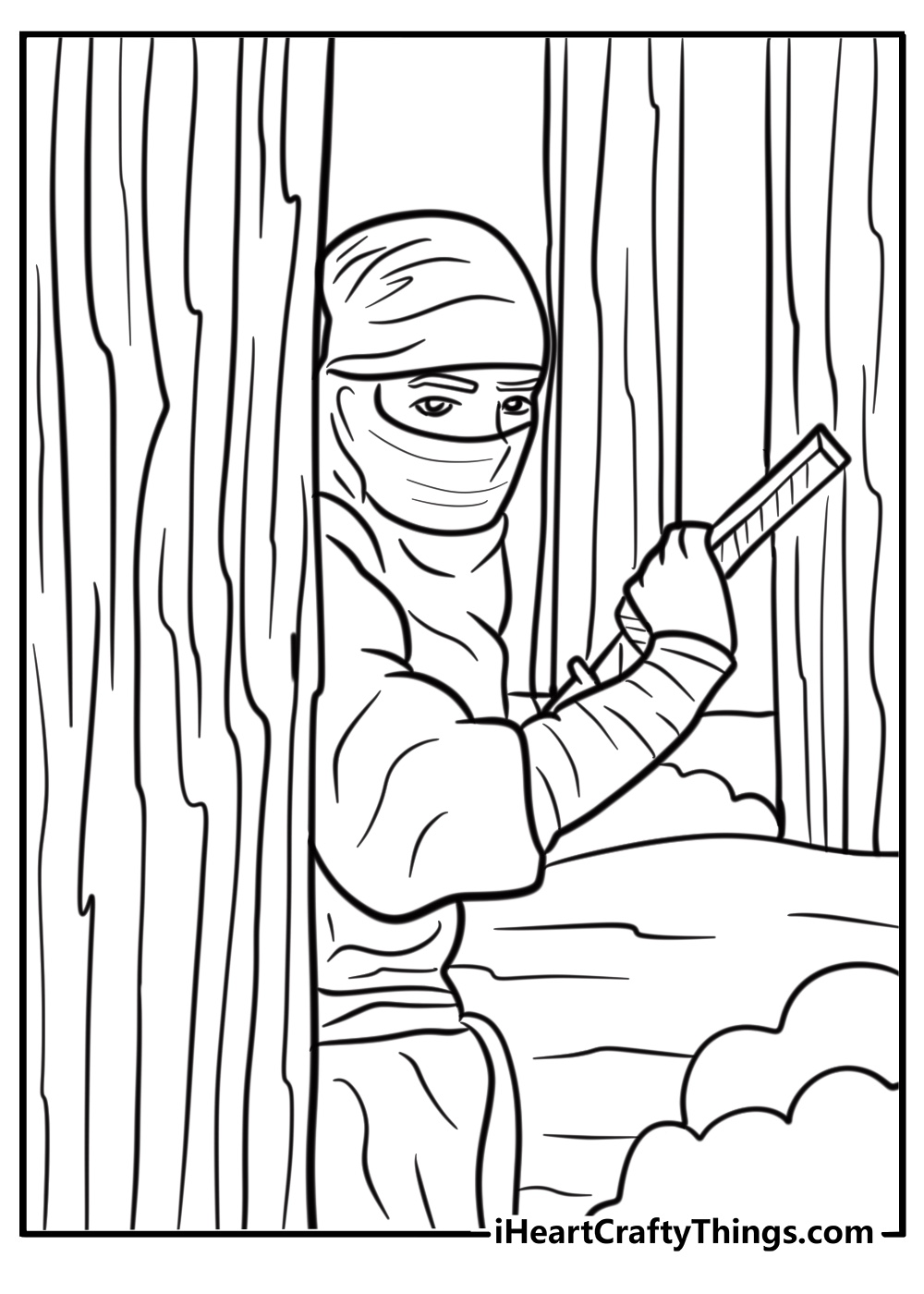 Ninja hiding behind a tree free coloring page pdf