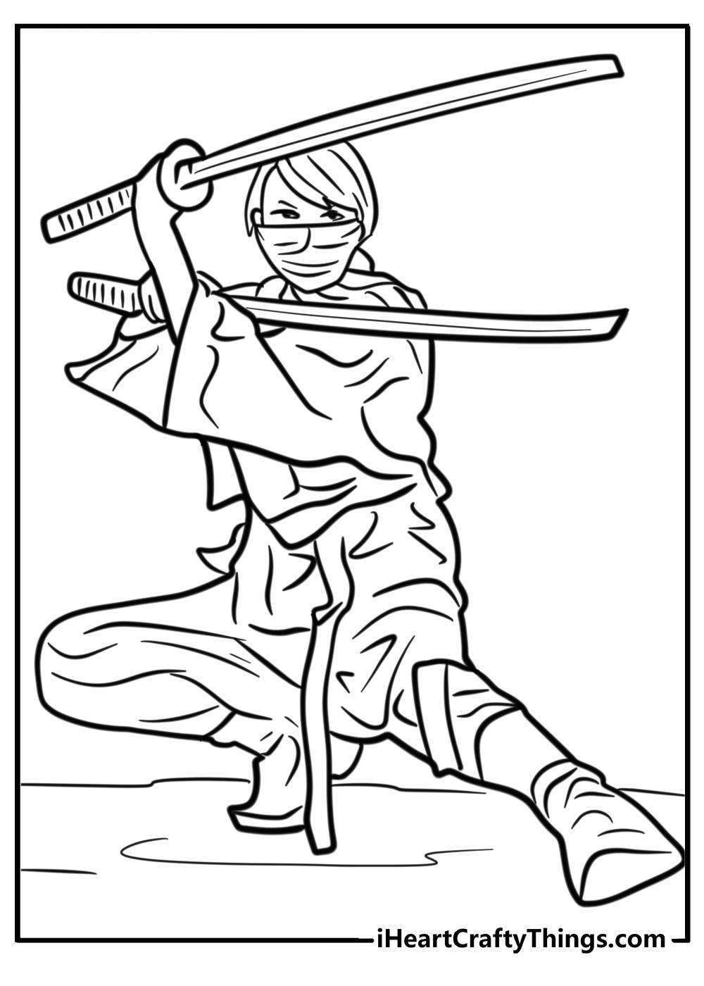 Ninja holding two swords free printable coloring page