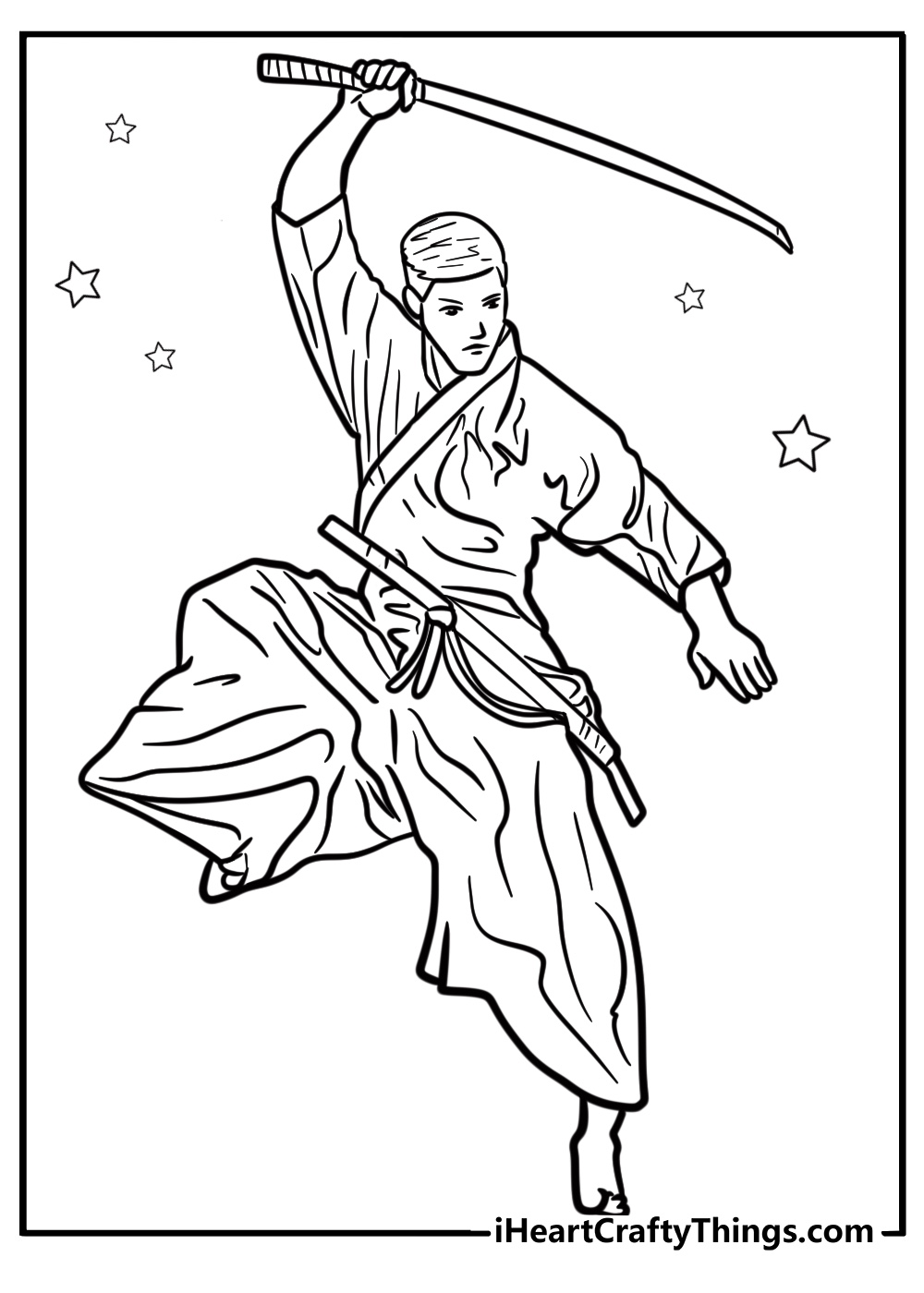 Ninja in a fighting stance coloring page for kids