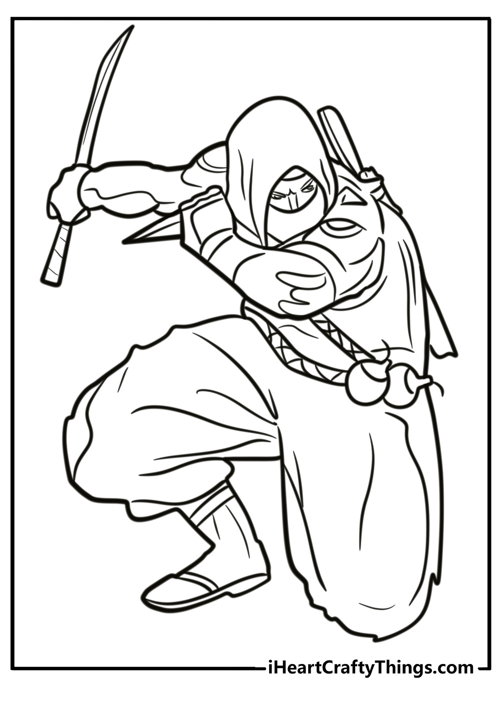 Ninja in a stealthy pose coloring page for kids