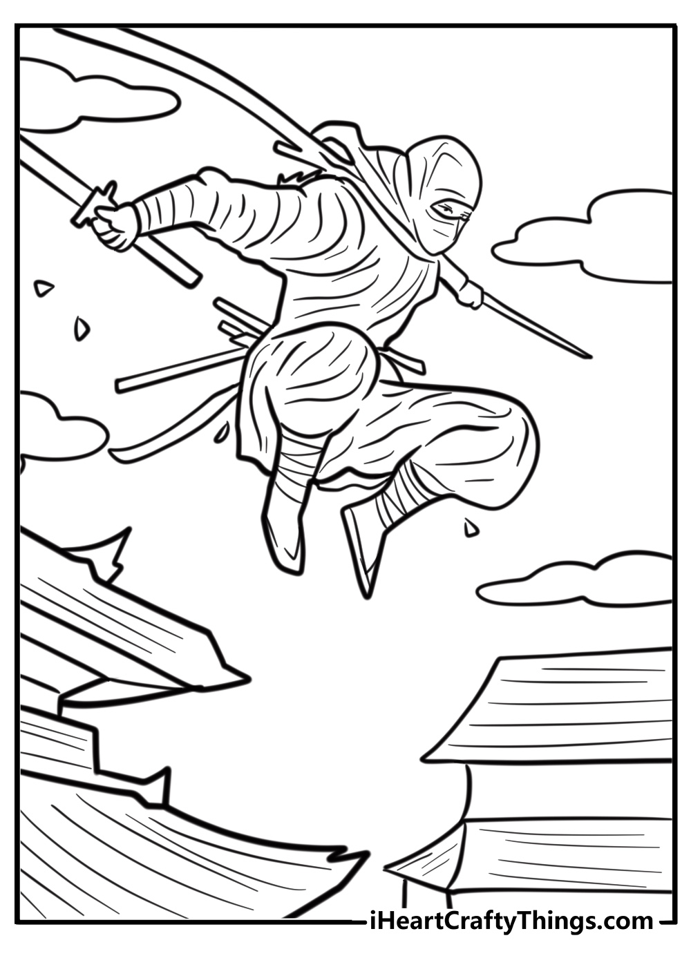 Ninja jumping between buildings detailed coloring sheet