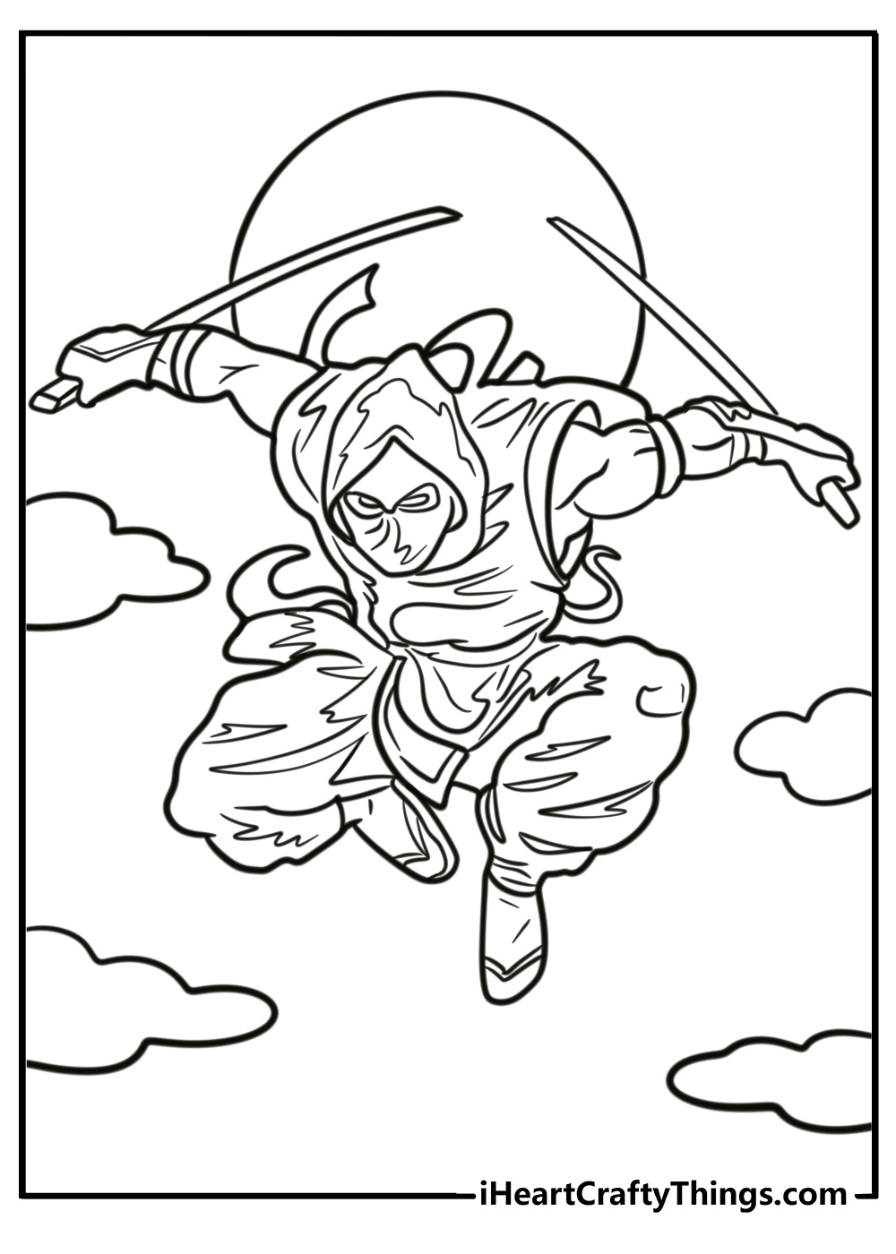 Ninja jumping through the air coloring page