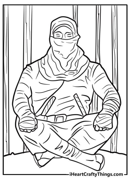 Ninja meditating in a peaceful pose fun coloring sheet