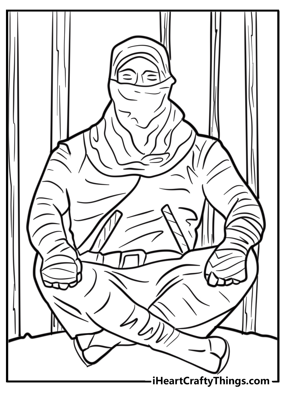 Ninja meditating in a peaceful pose fun coloring sheet