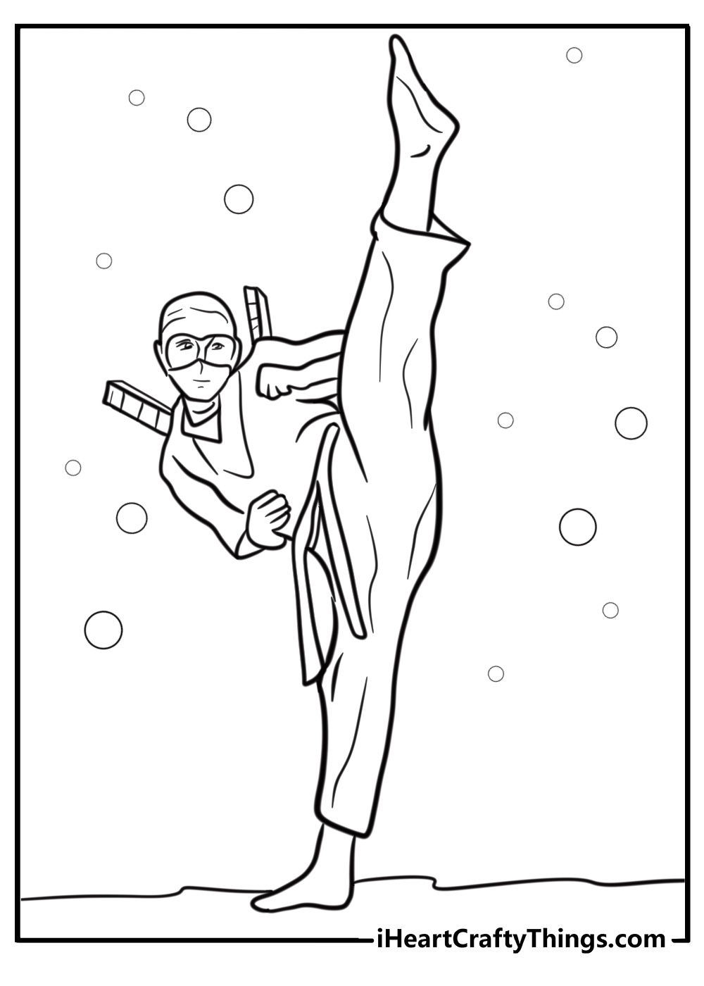 Ninja performing a high kick fun coloring sheet