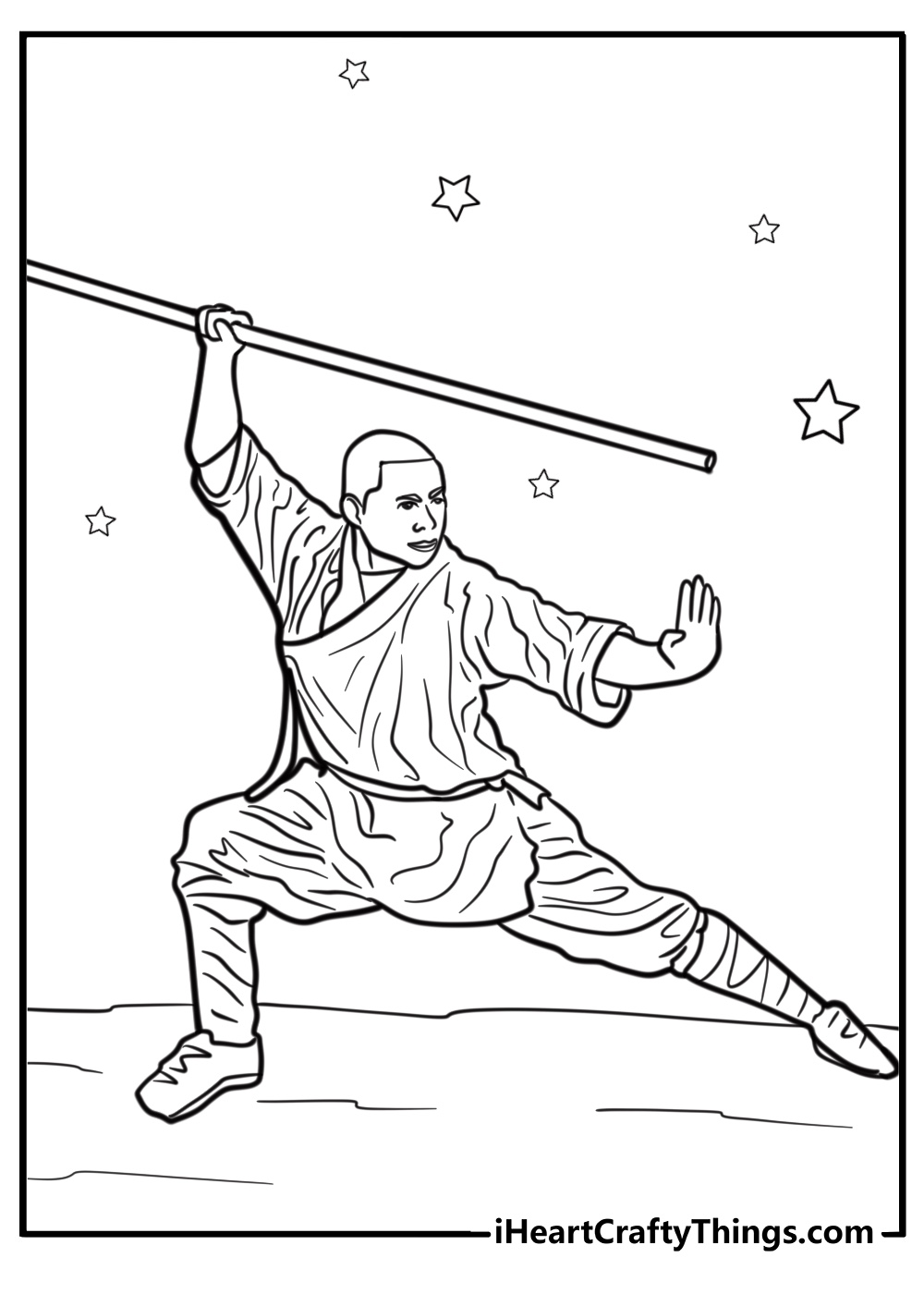 Ninja practicing martial arts detailed coloring sheet