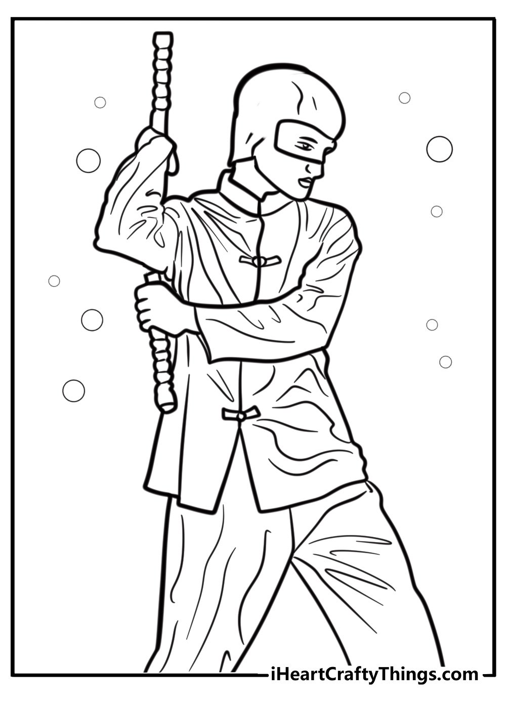 Ninja practicing with nunchucks free printable coloring page