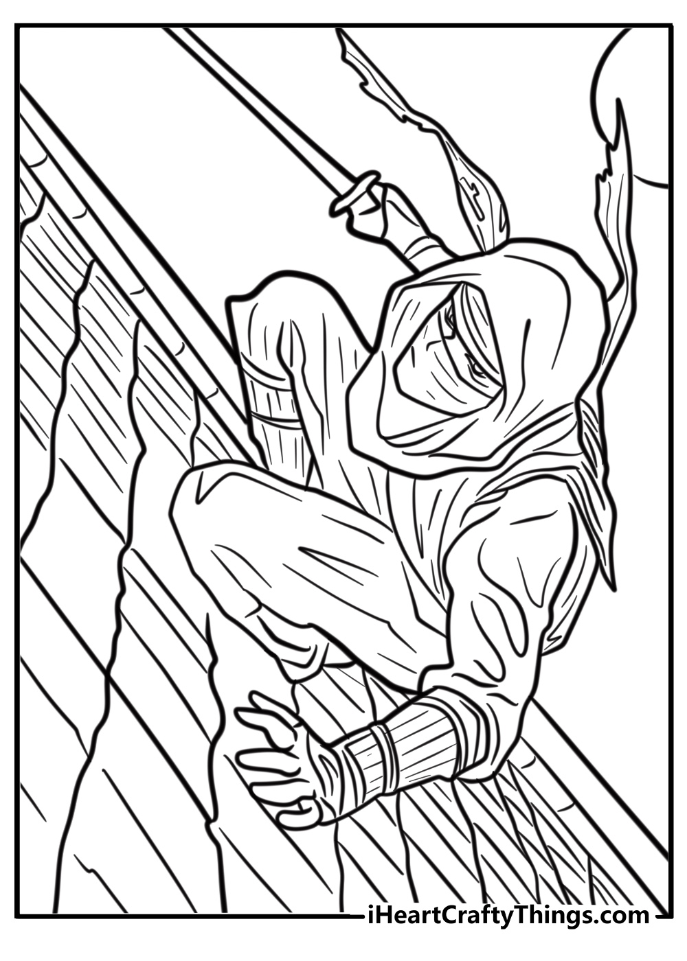 Ninja sneaking through shadows free coloring page pdf