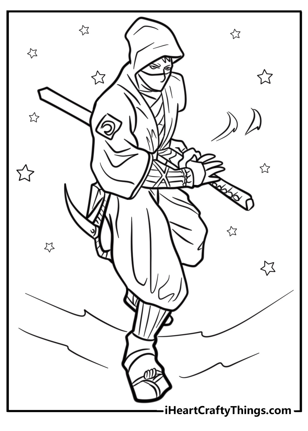 Ninja surrounded by stars in motion fun printable coloring sheet