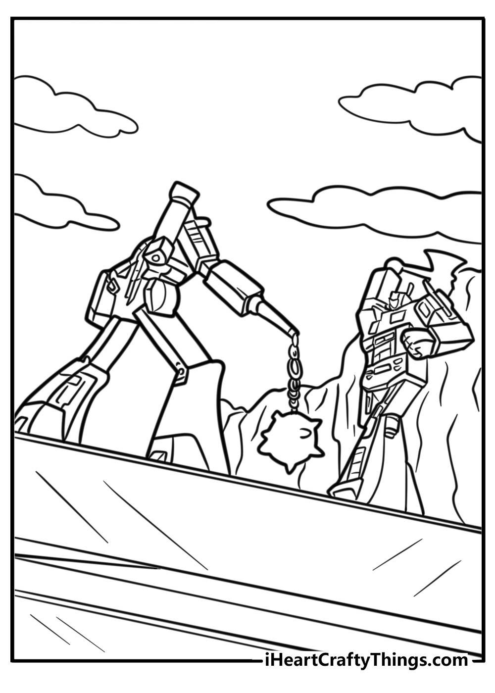 Optimus prime fighting a decepticon fun coloring sheet