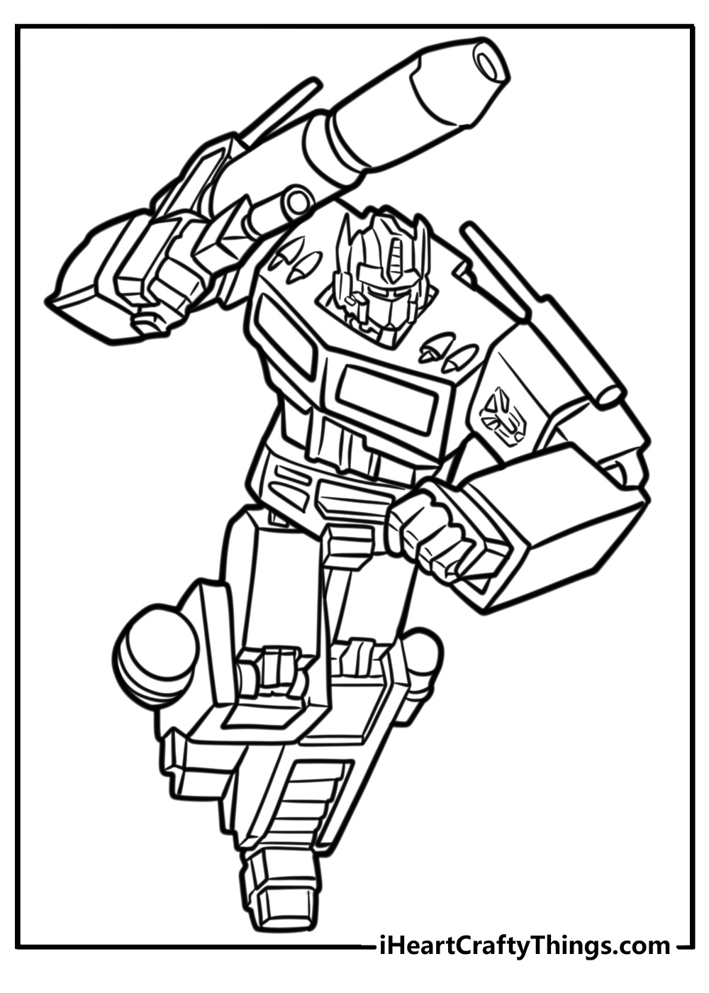 Optimus prime holding a big weapon printable coloring page