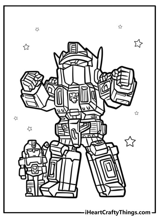 Optimus prime standing with autobots detailed coloring sheet