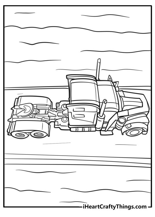 Optimus prime truck driving on a road detailed coloring sheet