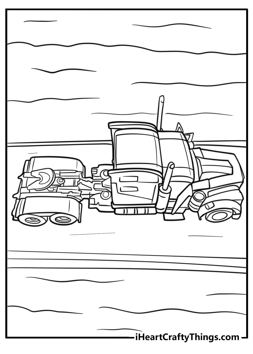 Optimus prime truck driving on a road detailed coloring sheet