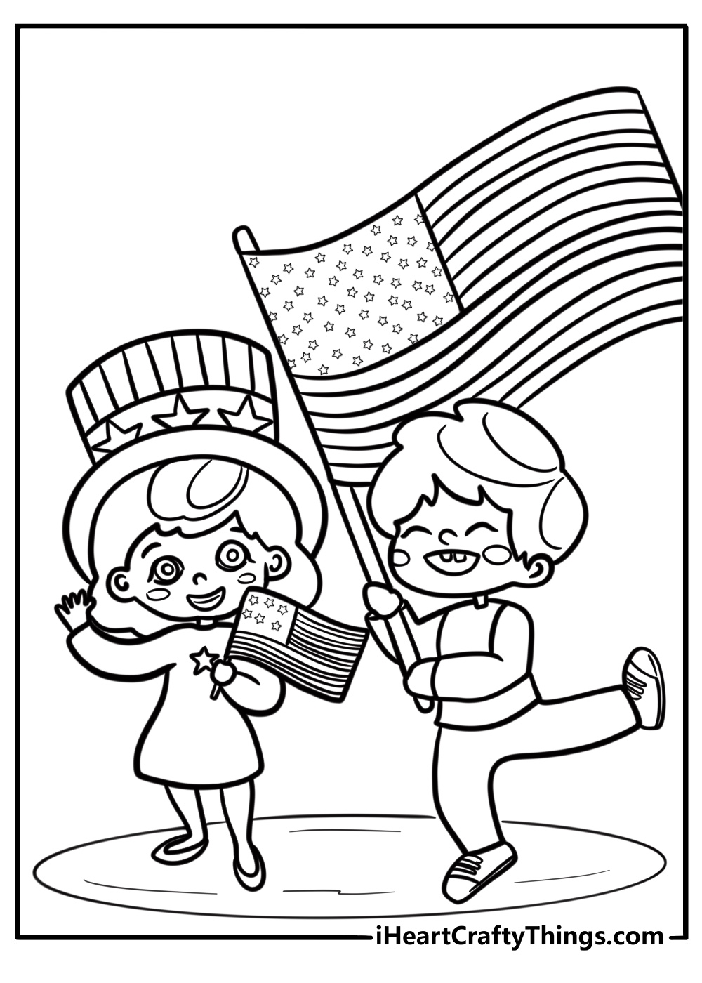 Patriotic parade with kids and flags coloring page for kids