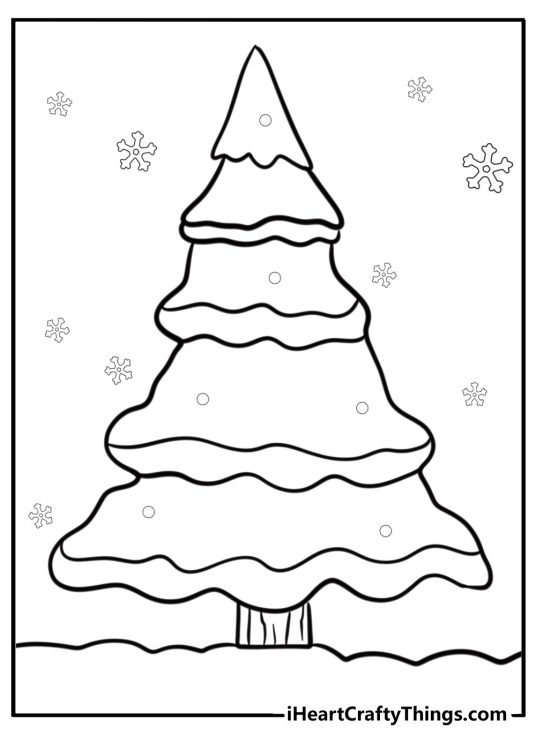 Pine tree decorated with snow detailed coloring sheet