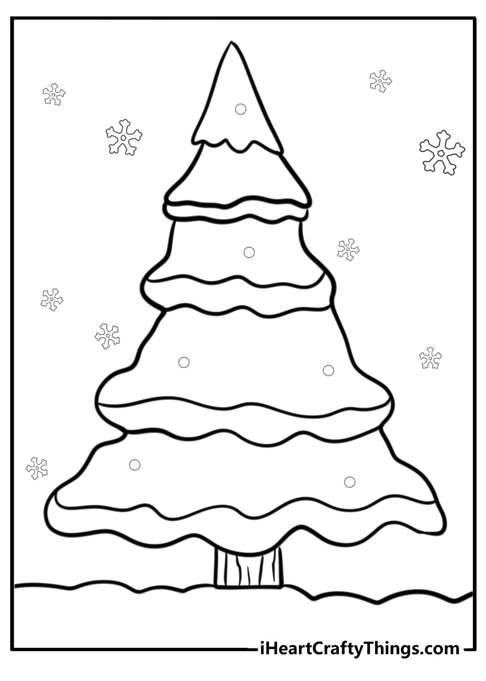 Pine tree decorated with snow detailed coloring sheet