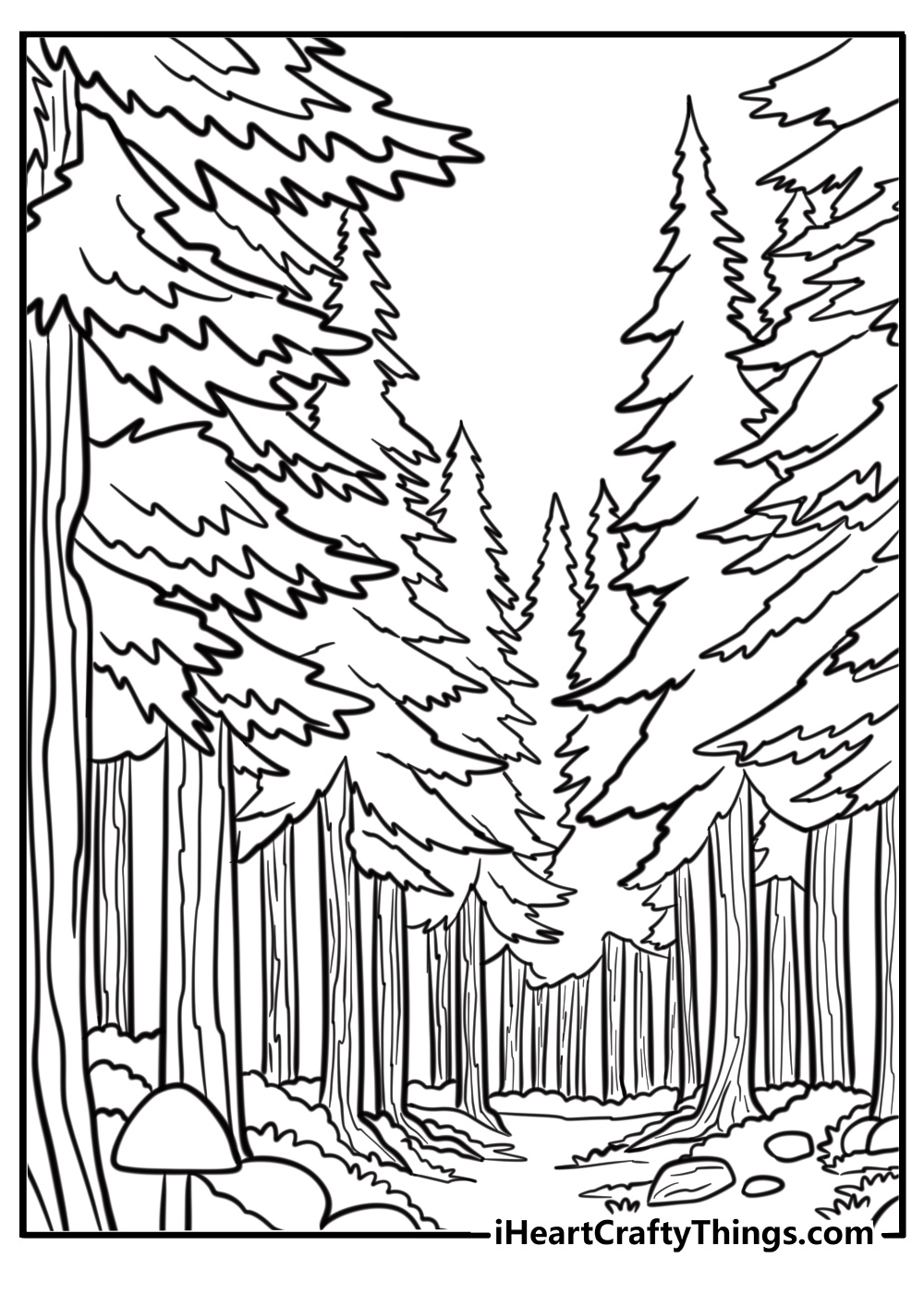 Pine tree in a forest coloring page for kids