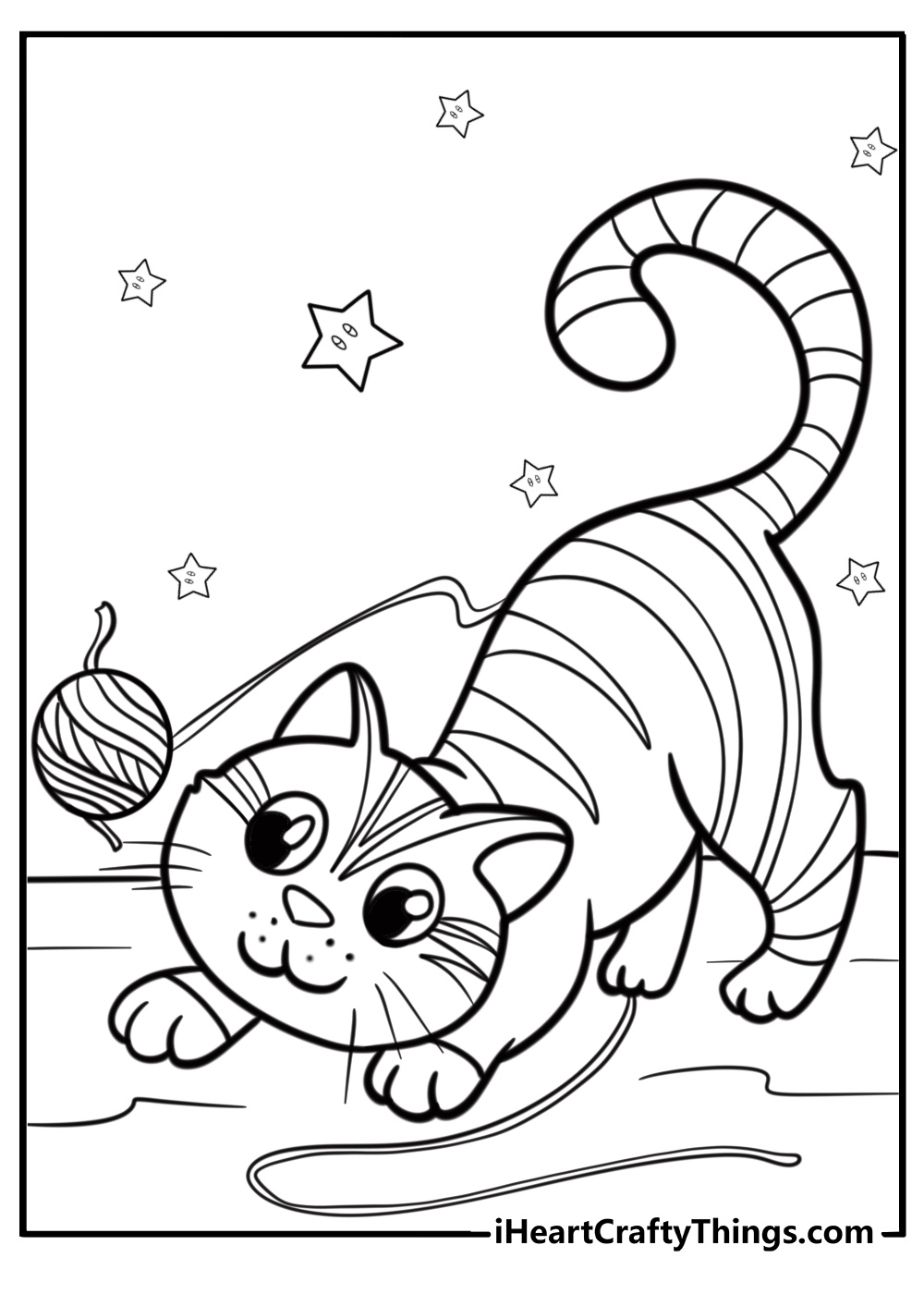 Playful kitten chasing a ball of yarn printable coloring fun