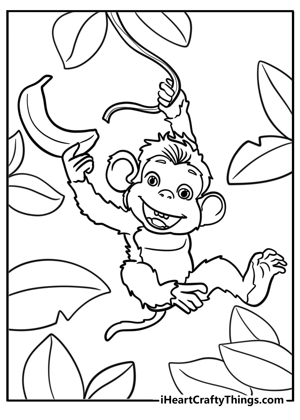 Playful monkey swinging on a vine printable pdf coloring