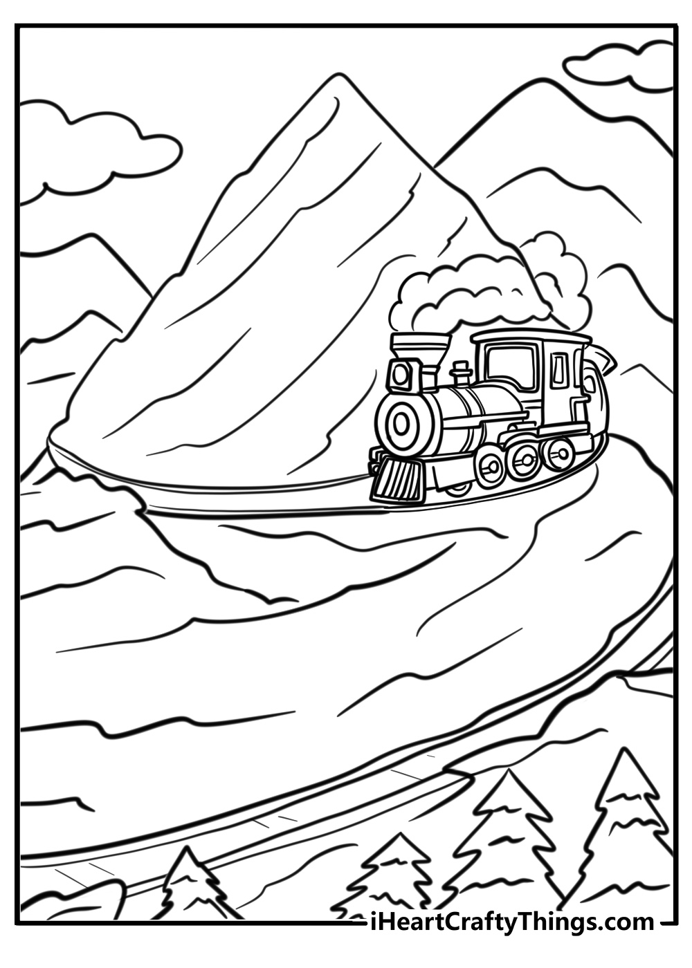 Polar-Express train at the top of a mountain coloring page for kids