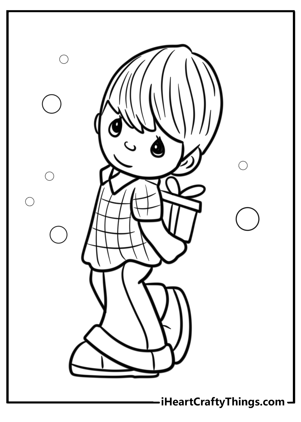 Precious moments boy carrying a gift coloring page for kids