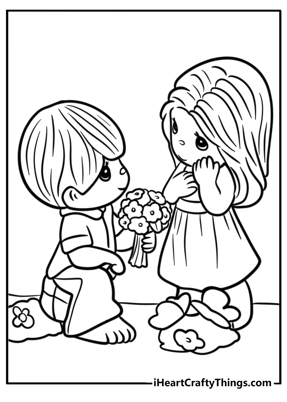 Precious moments boy giving a flower to a girl coloring page