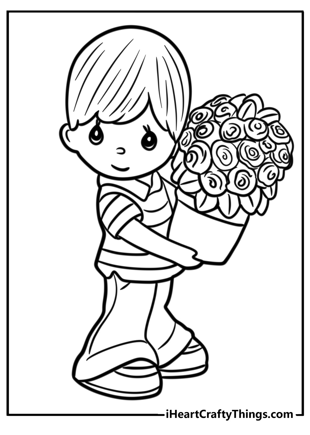 Precious moments child carrying flowers simple coloring sheet