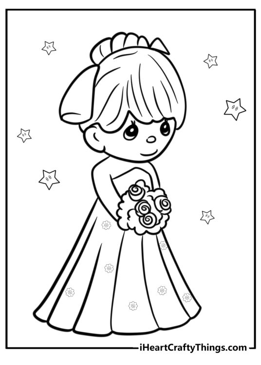 Precious moments girl in a dress coloring page for kids