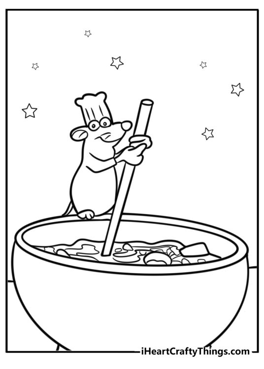 Remy with a bowl of soup free printable coloring page