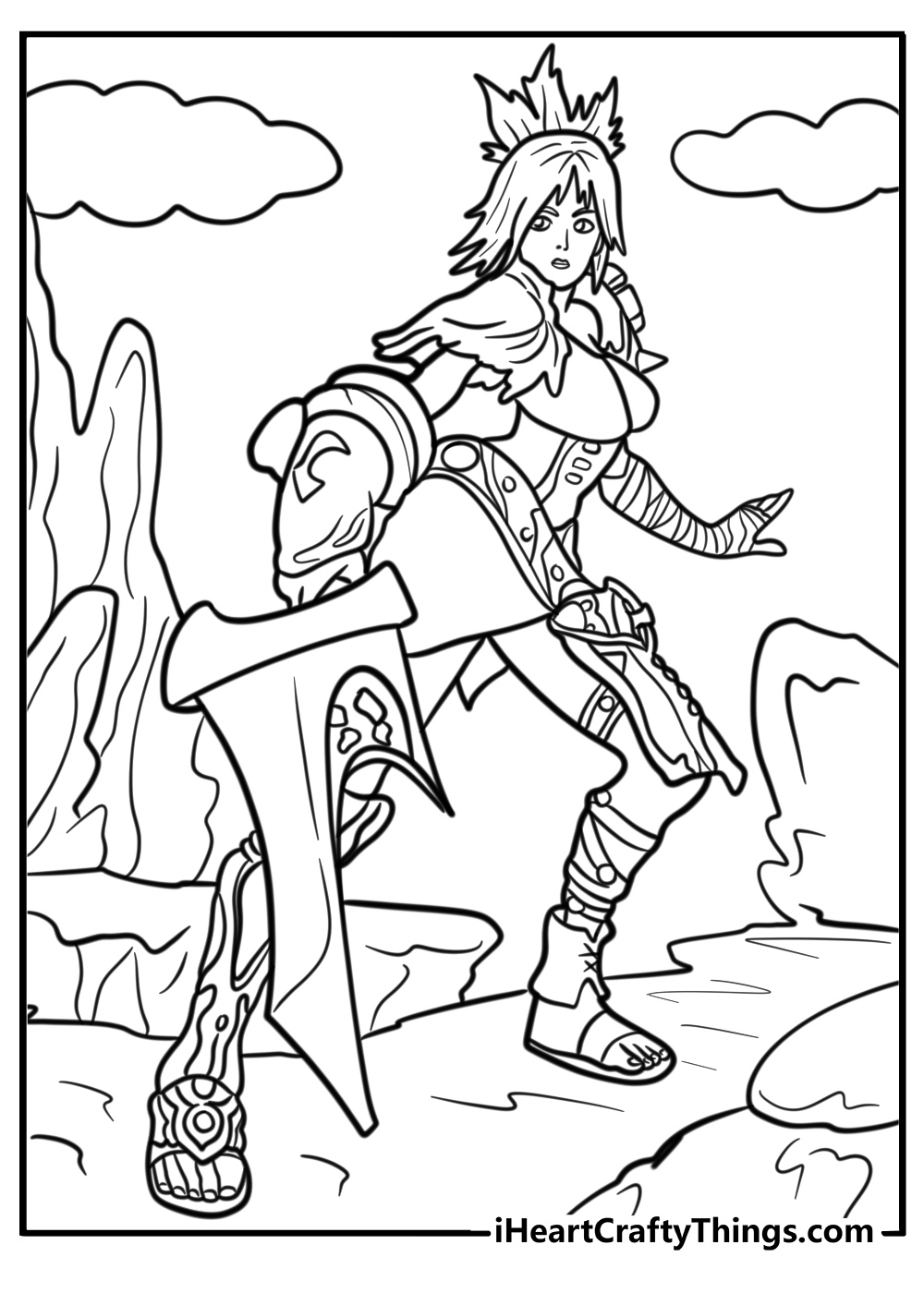 Riven with her broken sword in a fun printable coloring sheet for fans