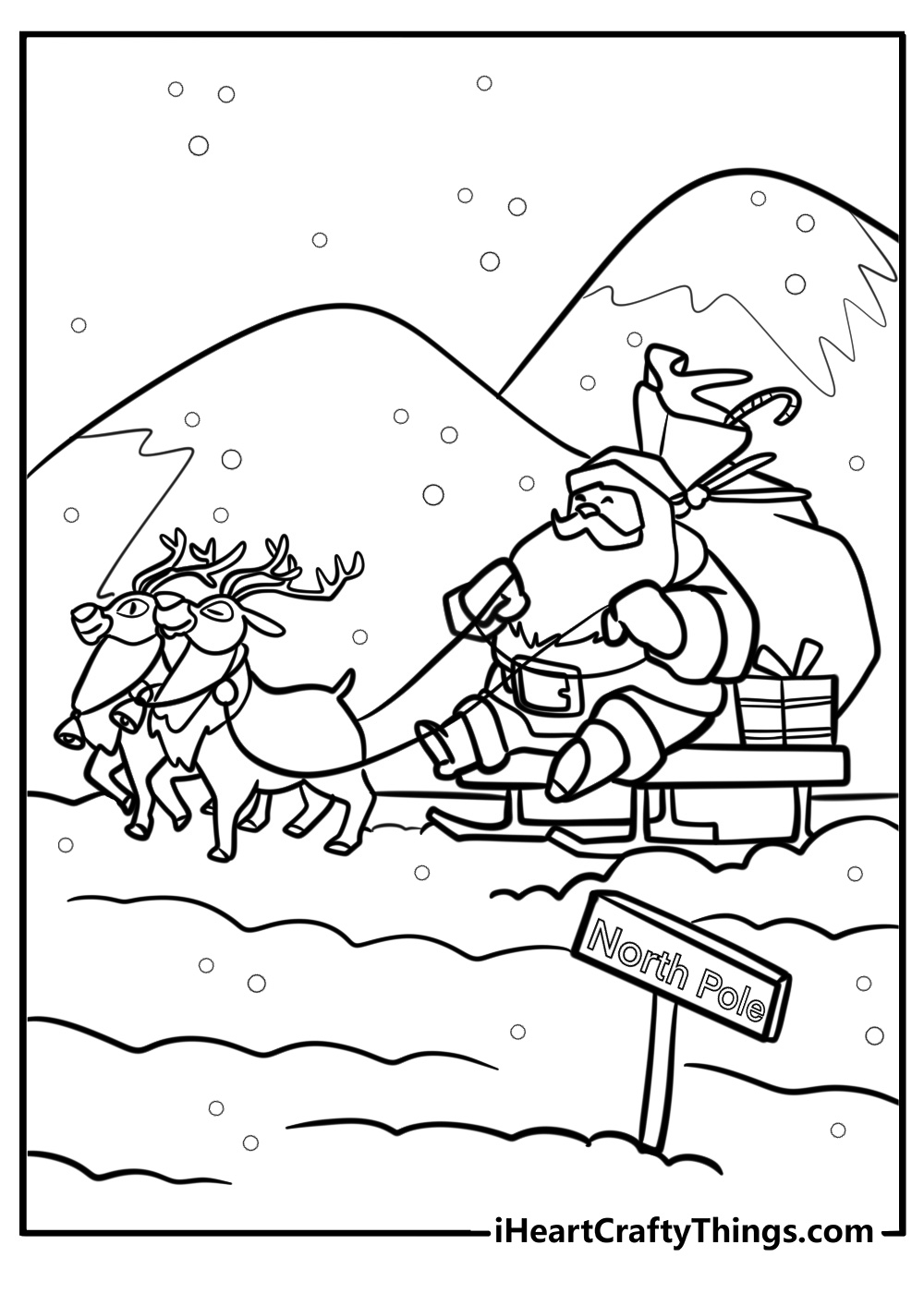 Santa and his sleigh at the north pole detailed coloring sheet