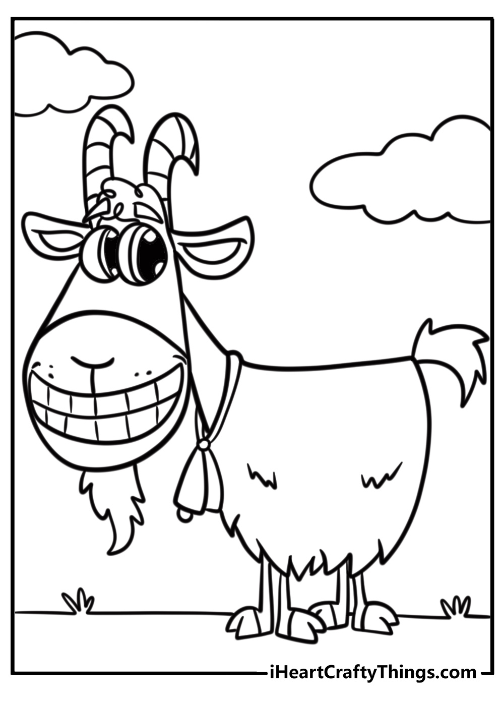 Silly goat with a playful grin fun printable coloring page