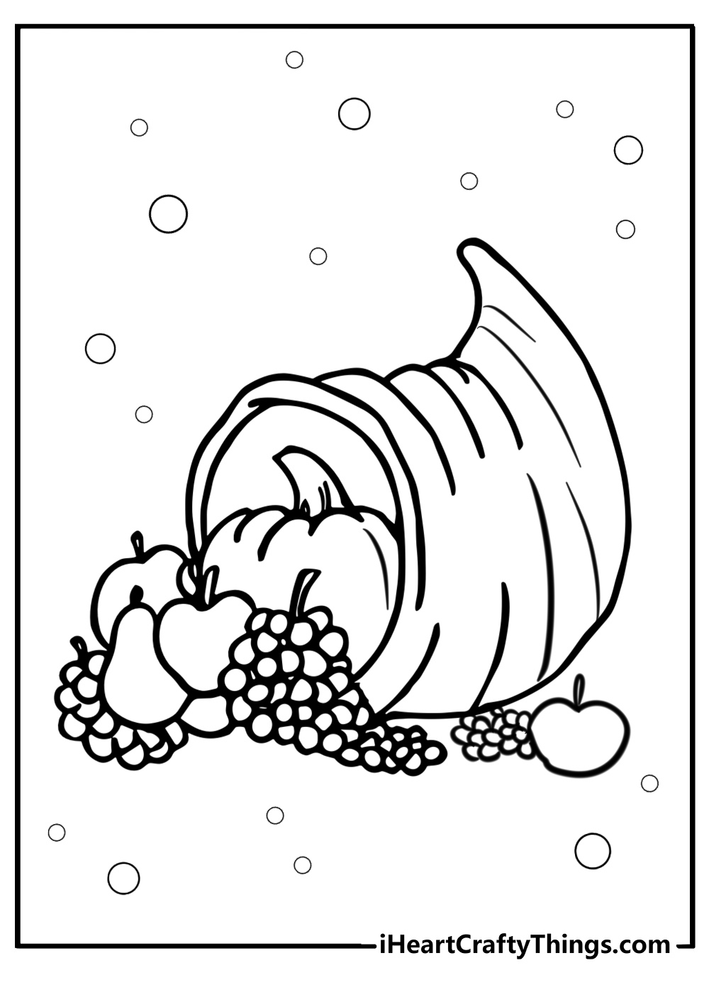 Simple cornucopia with apples and grapes fun coloring sheet