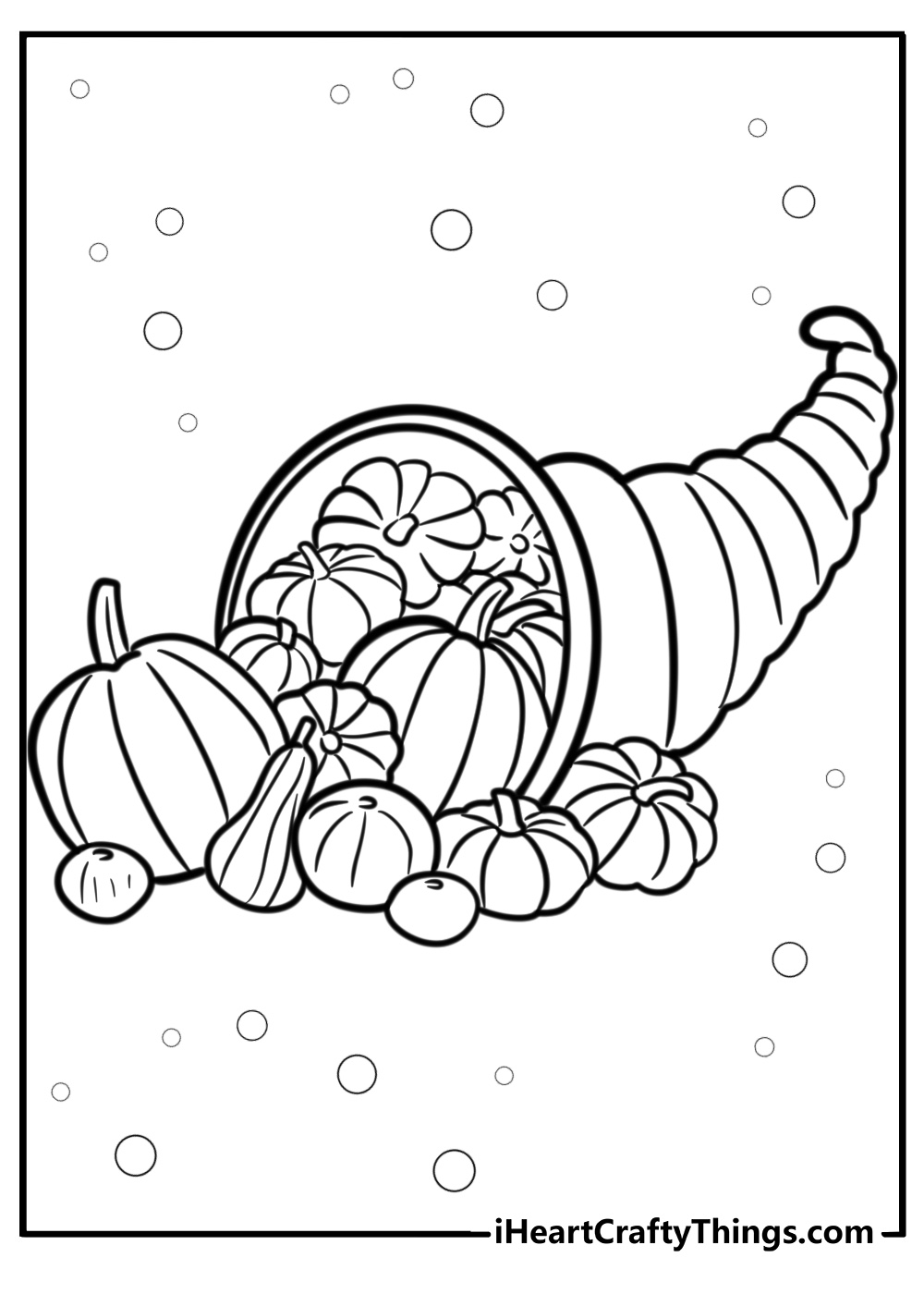 Simple cornucopia with fall produce detailed coloring sheet