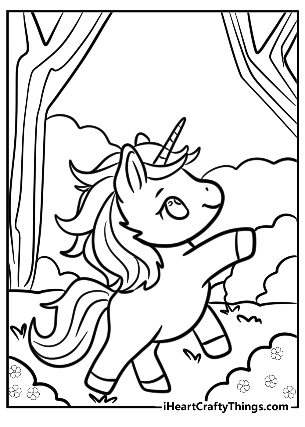 Smiling alicorn in a magical forest coloring page for kids