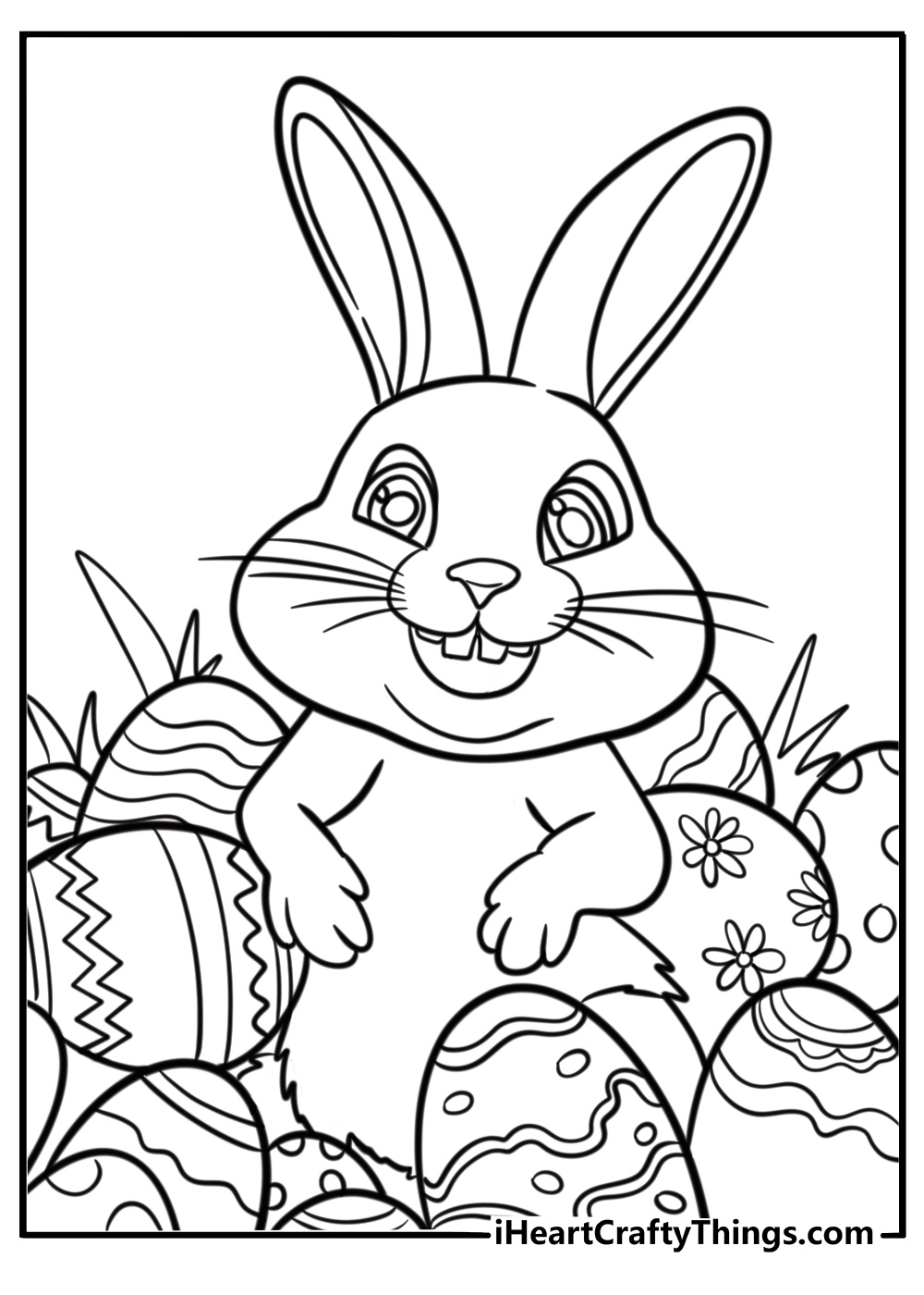 Smiling bunny surrounded by decorated eggs coloring page