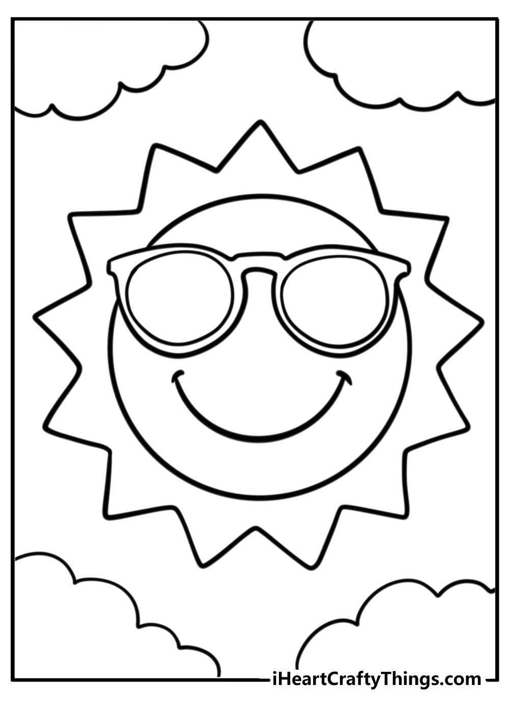 Smiling sun wearing sunglasses fun printable coloring page