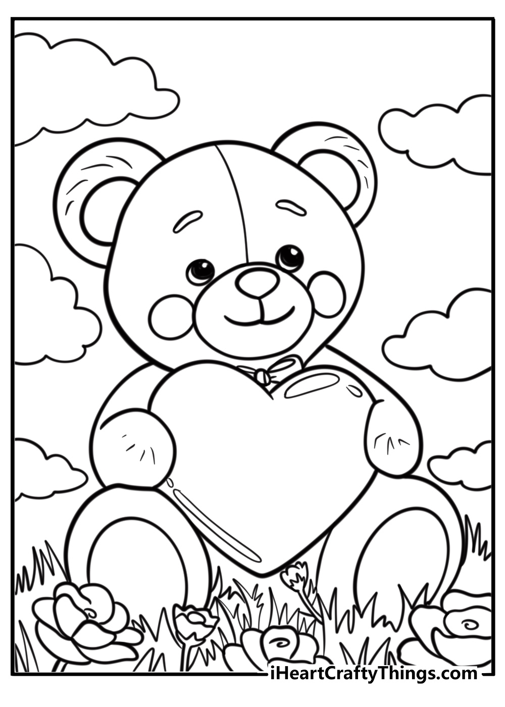 Smiling teddy bear holding a heart free detailed page