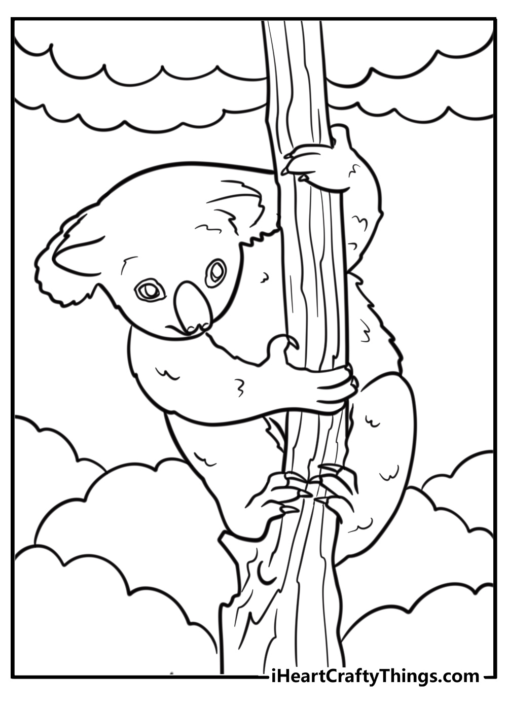 Snuggly koala clinging  to a tree detailed coloring pdf