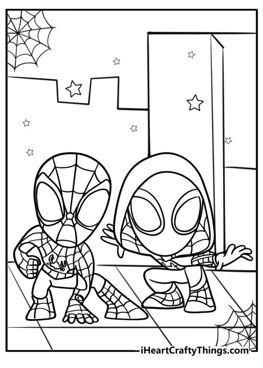 Spidey and ghost spider saving the day coloring page for kids