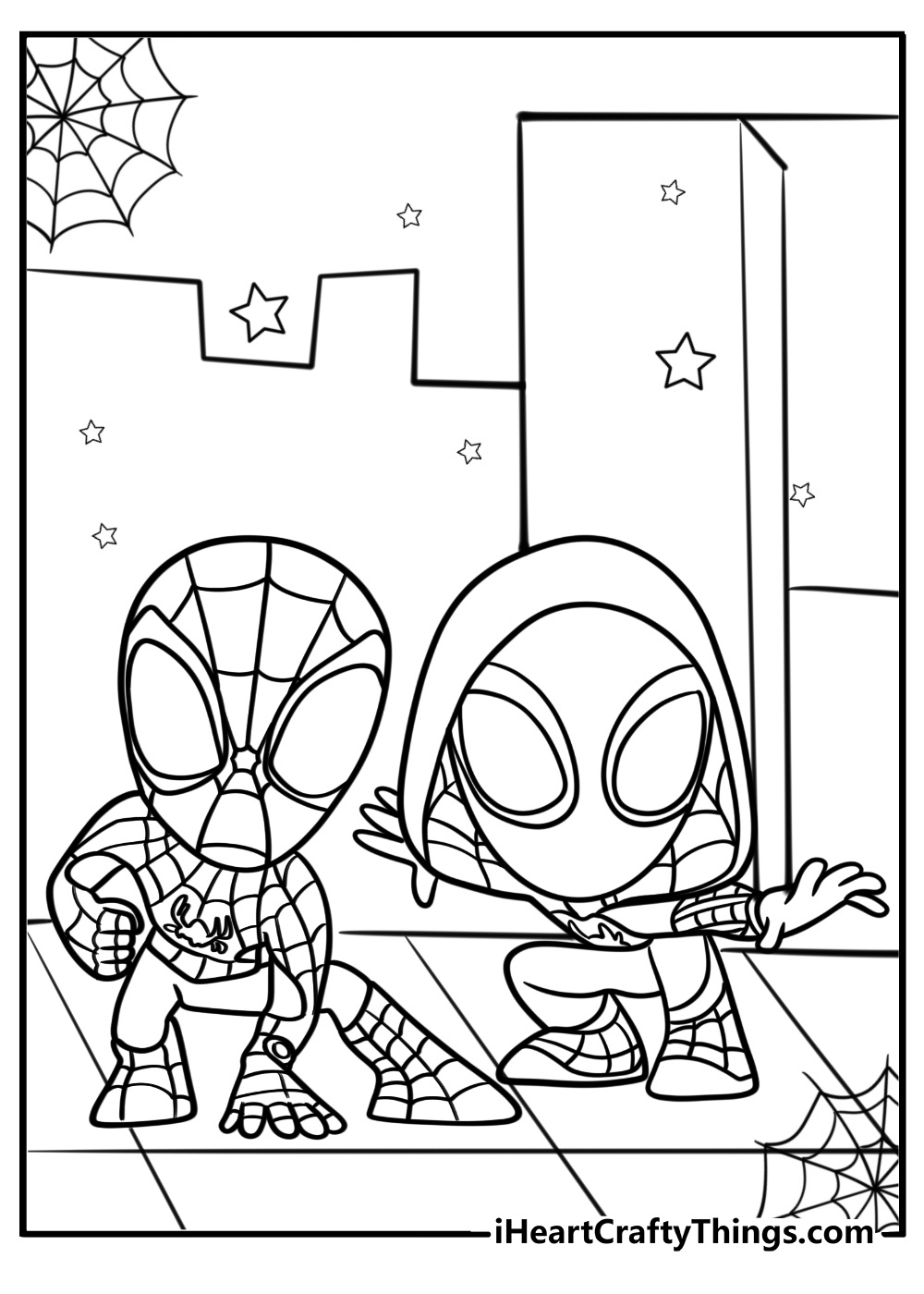 Spidey and ghost spider saving the day coloring page for kids