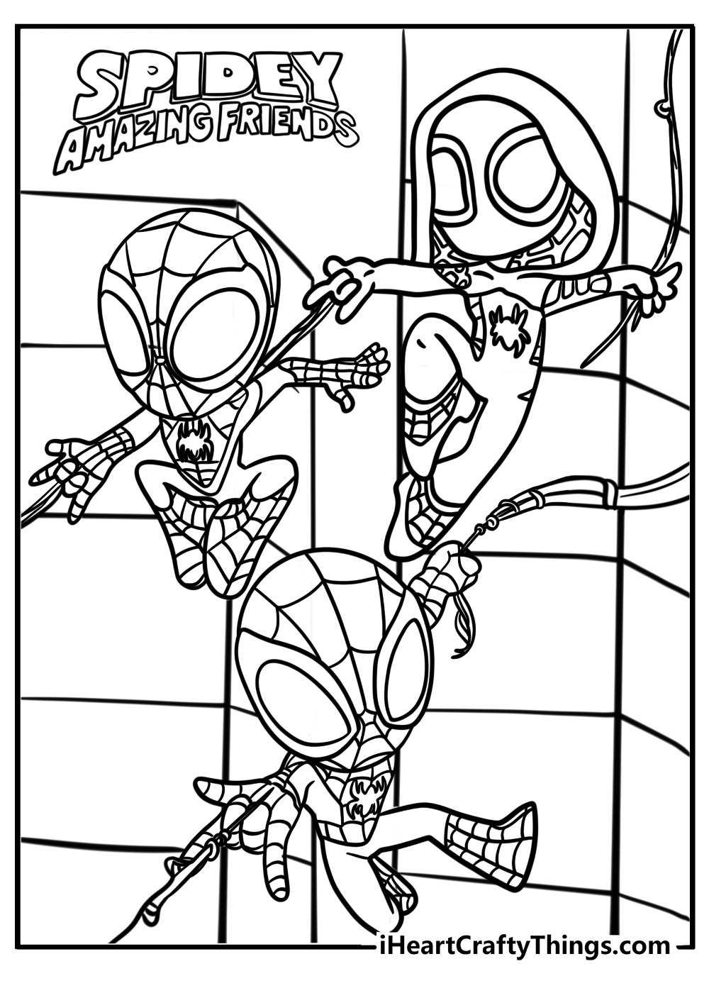 Spidey and his friends fighting villains coloring page